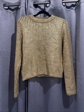 Zara Metallic Gold Ribbed Crewneck Sweater